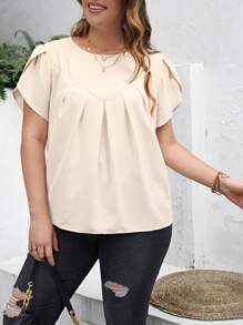 SHEIN Franclia Plus Petal Sleeve Fold Pleated Detail Blouse - Apricot - View 1