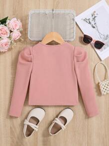 SHEIN Young Girl Pearls Beaded Gigot Sleeve Open Front Jacket,In Fall/Winter - Pink - View 3