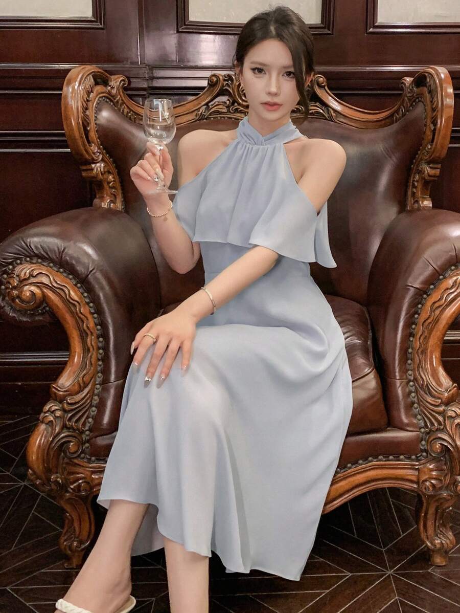 DAZY 纯色荷叶边露肩连衣裙 舞会礼服 吊带裙 婚礼礼服 优雅女士连衣裙 - 藍色 - 查看 1
