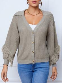 SHEIN Tall Fringe Trim Drop Shoulder Button Front Cardigan - Grey - View 5