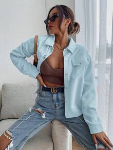 SHEIN EZwear 翻蓋口袋落肩袖燈芯絨夾克 - 淺藍色 - 查看 5