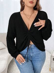 SHEIN Unity 抽繩 褶邊 羅紋針織休閒純色大碼套頭毛衣 - 黑色 - 查看 4