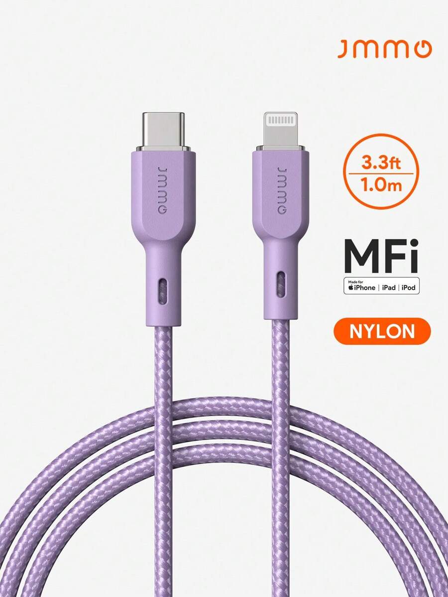 JMMO 1條尼龍編織 USB-C 轉 Lightning 傳輸線,3.3FT/1M 18W,MFi 認證 - 紫色 - 查看 1