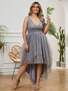 Plus Plunging Neck High Low Hem Mesh Cocktail Dress - Light Grey - View 5