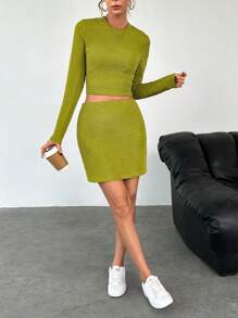 SHEIN Essnce 素色短款T恤&包臀半身裙 - 橄欖綠 - 查看 6