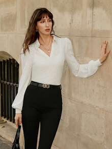 SHEIN Frenchy Chất rắn Tay áo lồng đèn Áo thun - trắng - Xem 4