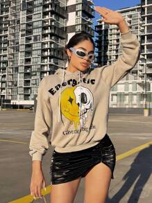 SHEIN SXY Áo hoodie dây rút có họa tiết đầu lâu & chữ cái - Màu be - Xem 1