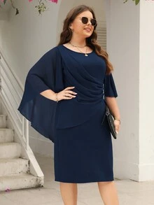 Nemidor Plus Solid Cloak Sleeve Ruched Side Dress - Royal Blue - View 5