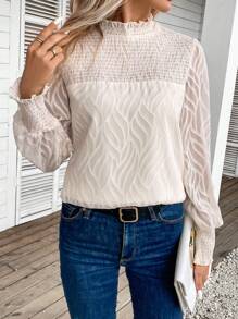 SHEIN Frenchy Frill Trim Lantern Sleeve Blouse - Apricot - View 6