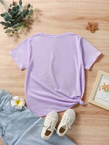 SHEIN 女大童汽車和標語圖案落肩T恤 - 淡紫色 - 查看 2