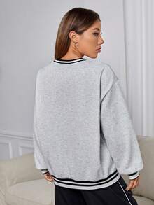 SHEIN EZwear 字母圖案條紋飾邊落肩袖運動衫 - 灰色 - 查看 2