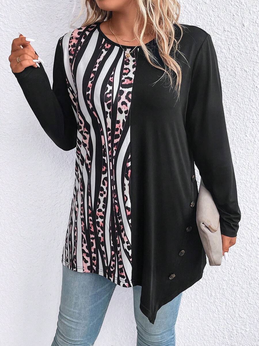 SHEIN Unity Hơn In hoa Báo Viền không đối xứng Áo thun - màu đen - Xem 1