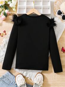SHEIN Tween Girl Fuzzy Trim Tee - Black - View 2