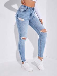 Jeans pitillo rotos - Azul lavado medio - Ver 5