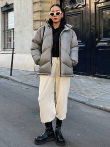 DAZY 拉链抽绳下摆加厚口袋加厚外套，女士冬季外套夹克 - 灰色 - 查看 10