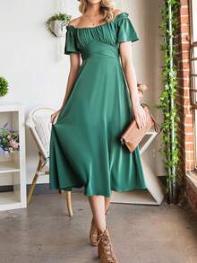 胸部褶皺打褶後綁帶洋裝 - 綠色 - 查看 4