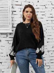 SHEIN LUNE Talla grande Jersey con lentejuela en contraste de hombros caídos - Negro - Ver 5