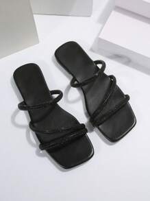 Women's Fashion Rhinestone Embellished Strap Flat Sandals, Versatile For Beach, Casual Outing, Party, Business Commute,Spring Summer Outfits - Black - View 6