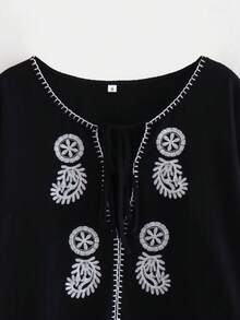 Floral Embroidery Tie Neck Blouse,Long Sleeve Tops - Black - View 3