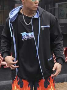 Manfinity Roghcode Chaqueta Para Hombre Con Capucha Y Cordón, De Ajuste Holgado Con Cierre De Cremallera