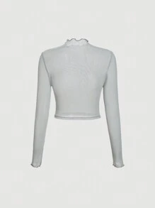 SHEIN MOD 木耳邊小高領網紗上衣 - 灰色 - 查看 2