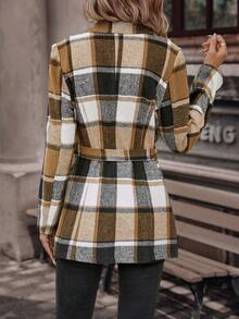 SHEIN Clasi 格紋印花大翻領腰帶花呢外套 - 彩色 - 查看 3