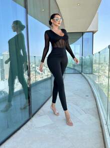 SHEIN VaVaLuxe Contrast Mesh Unitard Jumpsuit - Black - View 5