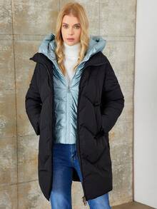 Gefütterte Damen Winterjacke mit Kapuze und Reißverschluss - Schwarz - Übersicht 1