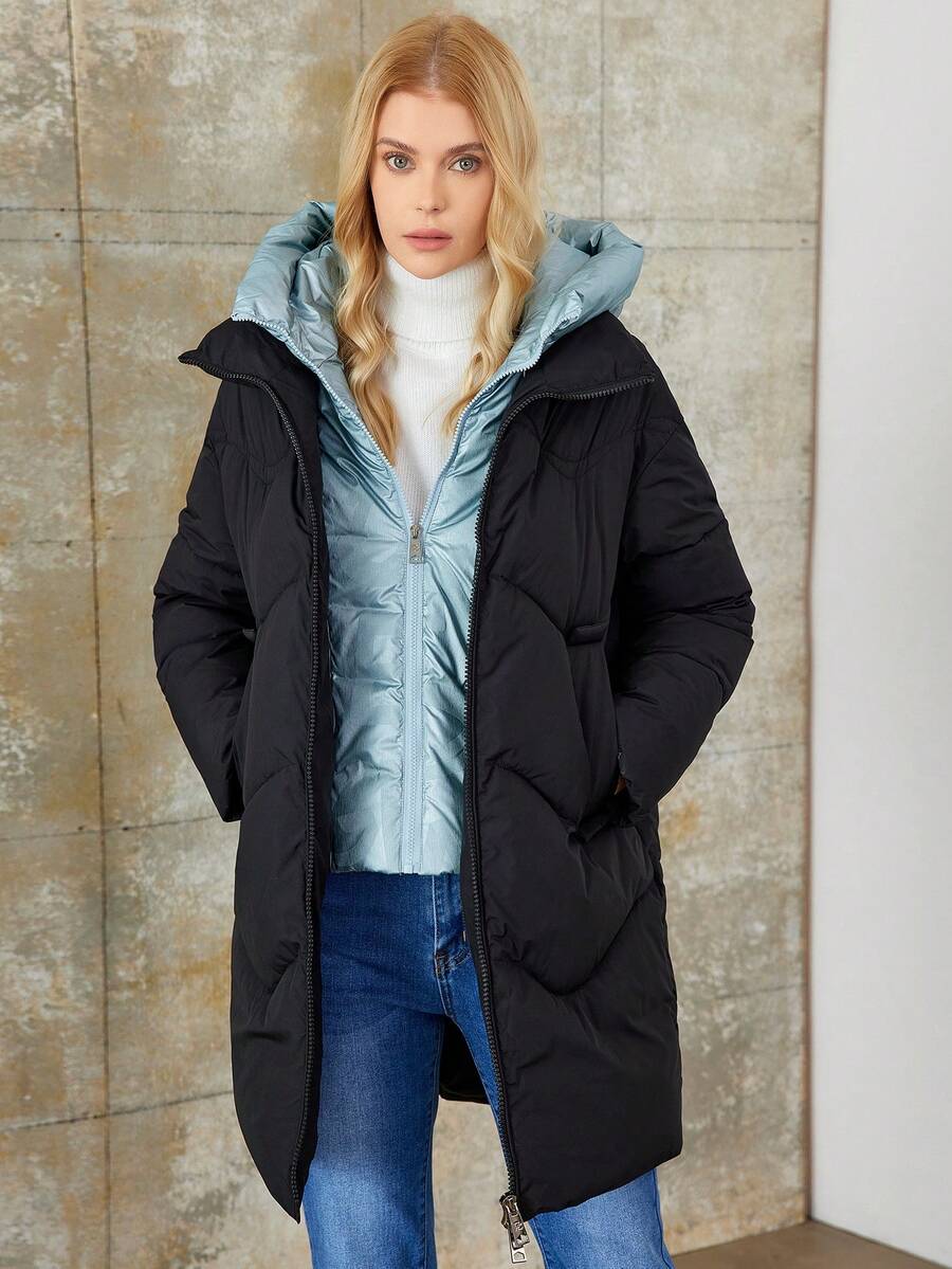 Gefütterte Damen Winterjacke mit Kapuze und Reißverschluss - Schwarz - Übersicht 1