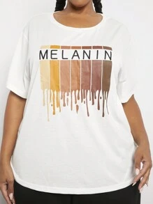 SHEIN CURVE+ Talla grande Camiseta de hombros caídos con estampado de letra - Blanco - Ver 4