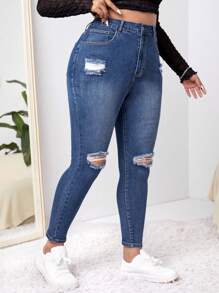 Firerie 大碼破洞緊身牛仔褲