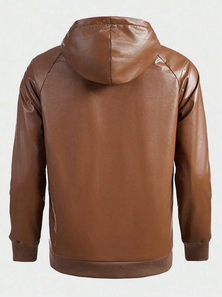 Men Zip Up Hooded Raglan Sleeve PU Leather Jacket