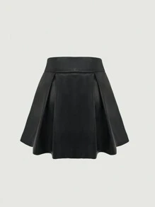 GENKIRA Solid PU Leather Pleated Skirt - Black - View 2