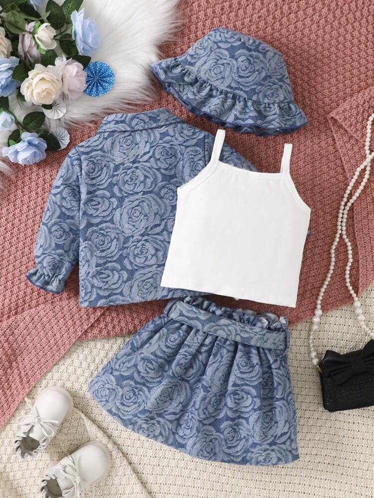 Baby Girl Solid Cami Top & Floral Print Skirt & Hat & Coat