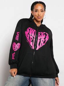 SHEIN CURVE+ 加大码字母图案拉链落肩抽绳卫衣 - 黑色 - 查看 3