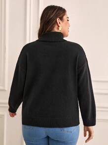 SHEIN Frenchy 大碼高領落肩袖套頭毛衣 - 黑色 - 查看 2