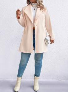 SHEIN LUNE Talla grande Abrigo de cuello cascada con botón - Albaricoque - Ver 3