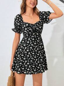 Soleia Robe Imprimé Floral À Cordon Manches Bouffantes