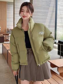 DAZY Letter Graphic Zip Up Padded Thick Pockets Coat, Women Winter Coat - Green - View 10