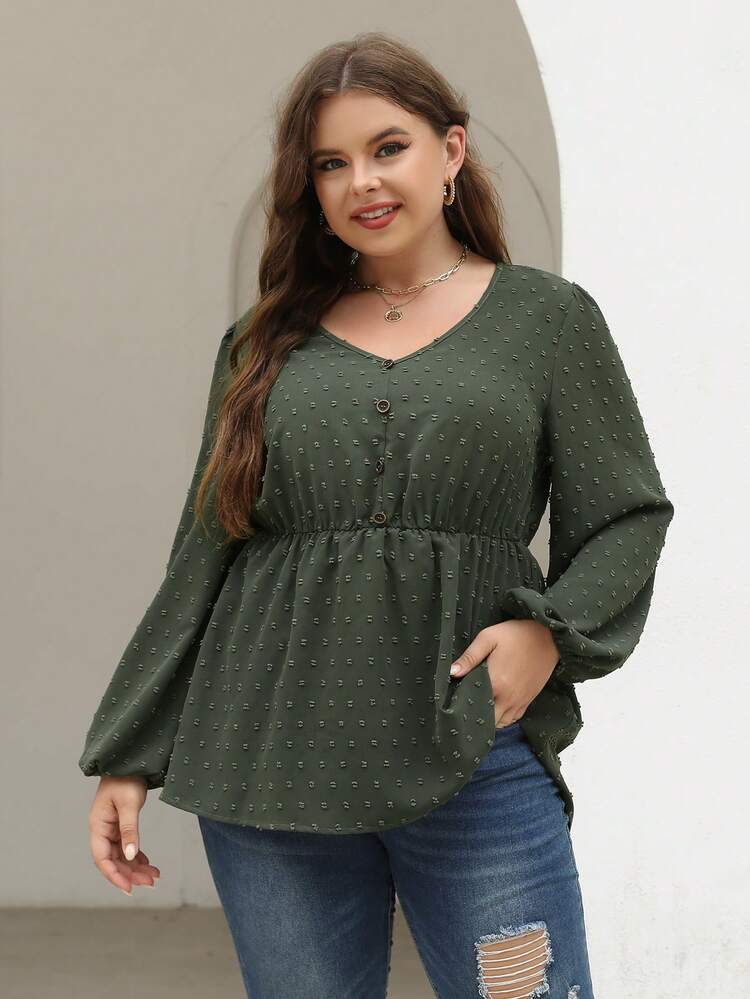 Nemidor Talla grande Blusa peplum de lunares de manga farol - Verde Oscuro - Ver 6