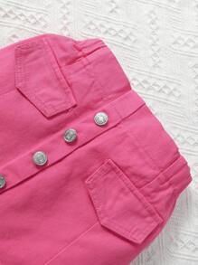 SHEIN 年轻女孩 Y2K 都市多巴胺粉色纽扣紧身短款牛仔夹克和裙子两件套服装 - 玫紅色 - 查看 4