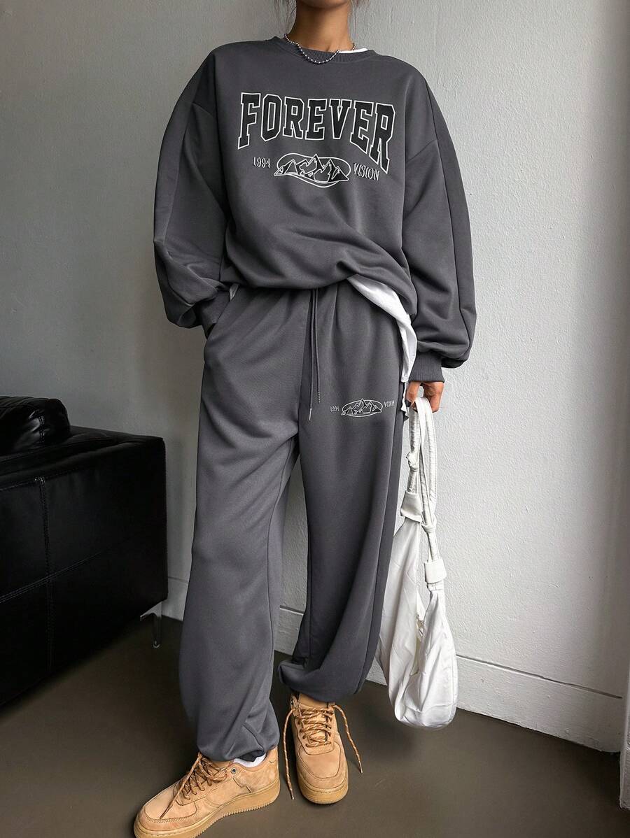DAZY Letter Graphic Drop Shoulder Sweatshirt & Sweatpants - Grey - View 1