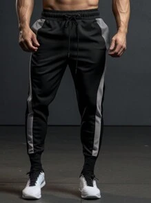 Manfinity Homme 男士拼接面腰部抽繩衛褲 - 黑色 - 查看 1