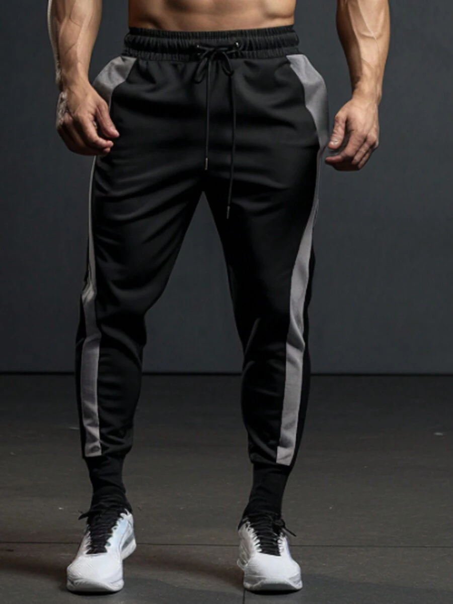 Manfinity Homme 男士拼接面腰部抽繩衛褲 - 黑色 - 查看 1