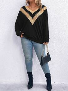SHEIN LUNE Plus Contrast Guipure Lace Drop Shoulder Sweatshirt Pullover Fall Sweatshirt - Black - View 2