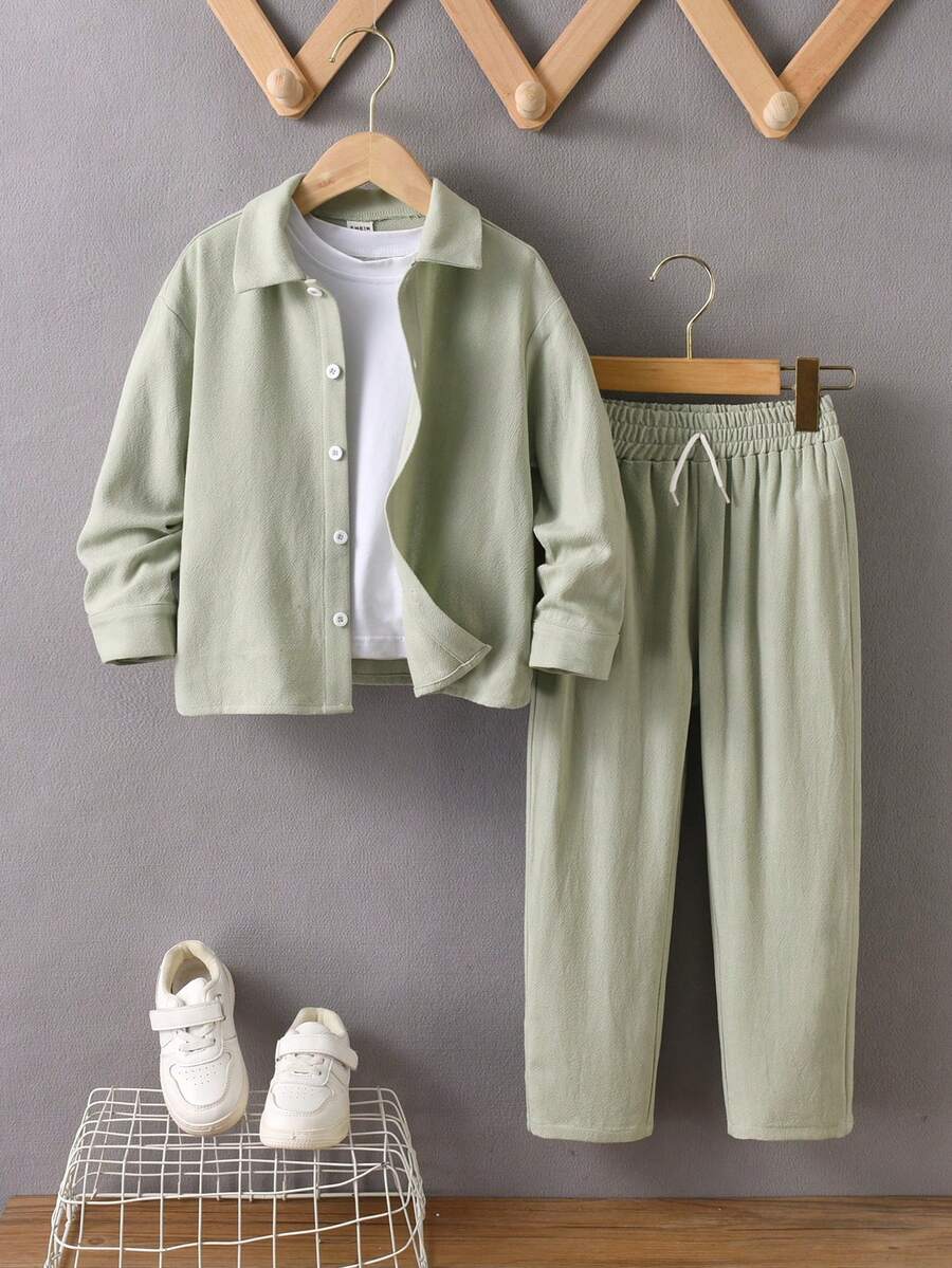 Chàng trai trẻ Chất rắn Nút phía trước Áo sơ mi & Quần Without Tee - màu xanh lá - Xem 1