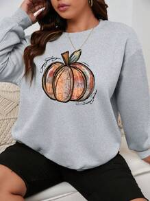 SHEIN EZwear Plus Pumpkin Print Drop Shoulder Sweatshirt - Grey - View 5