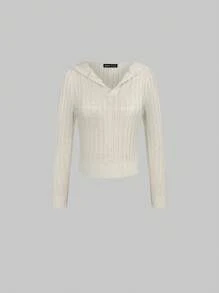 SHEIN Unity 纯色罗纹针织连帽套头衫 秋冬毛衣 - 杏色 - 查看 1