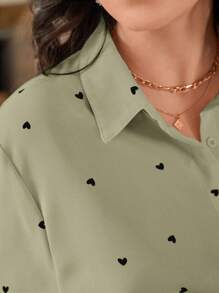 SHEIN Frenchy Plus Heart Print Button Front Shirt - Green - View 6