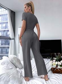 Solid Tee & Tie Waist Wide Leg Pants Lounge Set Outfit - Grey - View 2